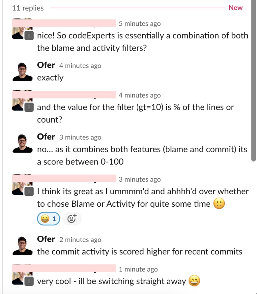Codeexperts customer slack convo: so codeexperts is essentially a combination of both the blame and activity filters? Exactly!
