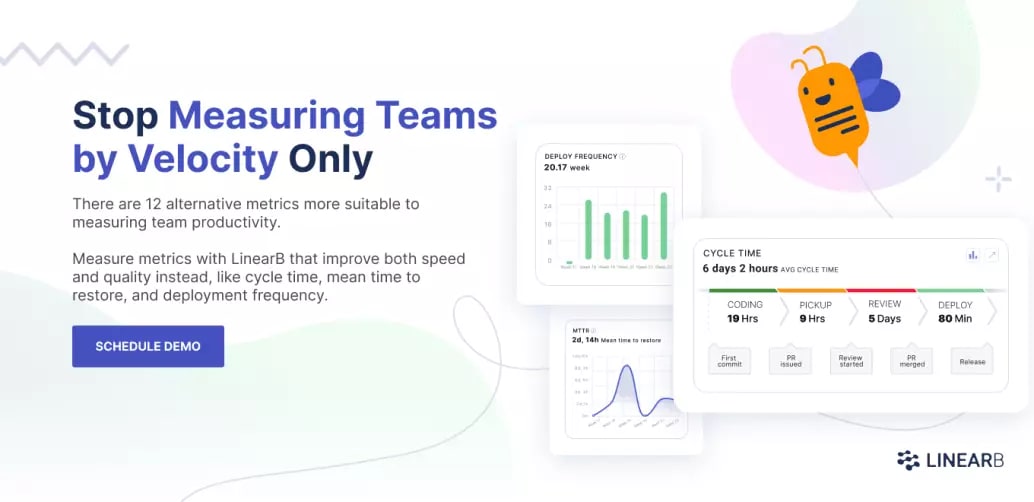 Stop measuring teams by velocity only. There are 12 alternative metrics more suitable to measuring team productivity. Measure metrics with linearb that improve both speed and quality instead, like cycle time, mean time to restore, and deployment frequency.