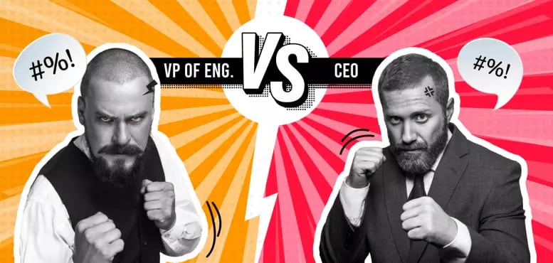 Image shows a VP of Engineering and a CEO squaring up as if they're about to box