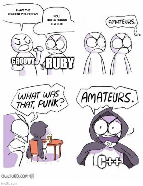 Shencomix meme with groovy and ruby competing for worst programming language, with c++ jumping in saying "amateurs".