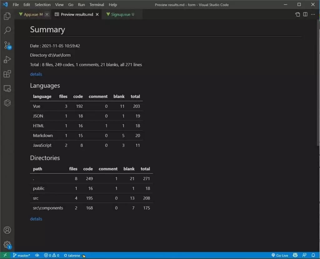 Vs code counter workspace summary